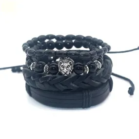 1 Set Black Bamboo Wood Onyx Lion Hamsa Buddha Skull Leather Bracelet