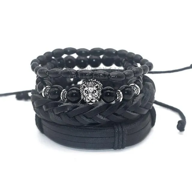 1 Set Black Bamboo Wood Onyx Lion Hamsa Buddha Skull Leather Bracelet