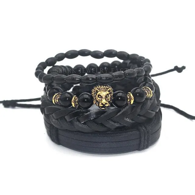 1 Set Black Bamboo Wood Onyx Lion Hamsa Buddha Skull Leather Bracelet