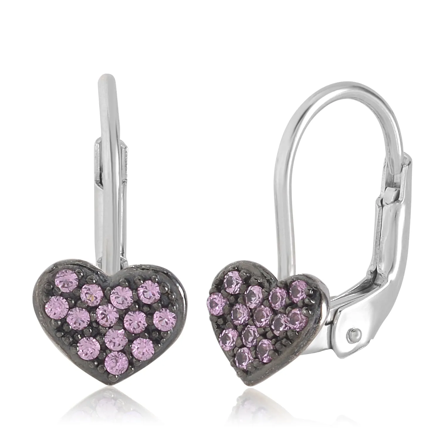 14K White Gold with Pink and Purple Pavé CZ Heart Leverback Earrings with Black Rhodium Finish