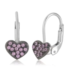 14K White Gold with Pink and Purple Pavé CZ Heart Leverback Earrings with Black Rhodium Finish