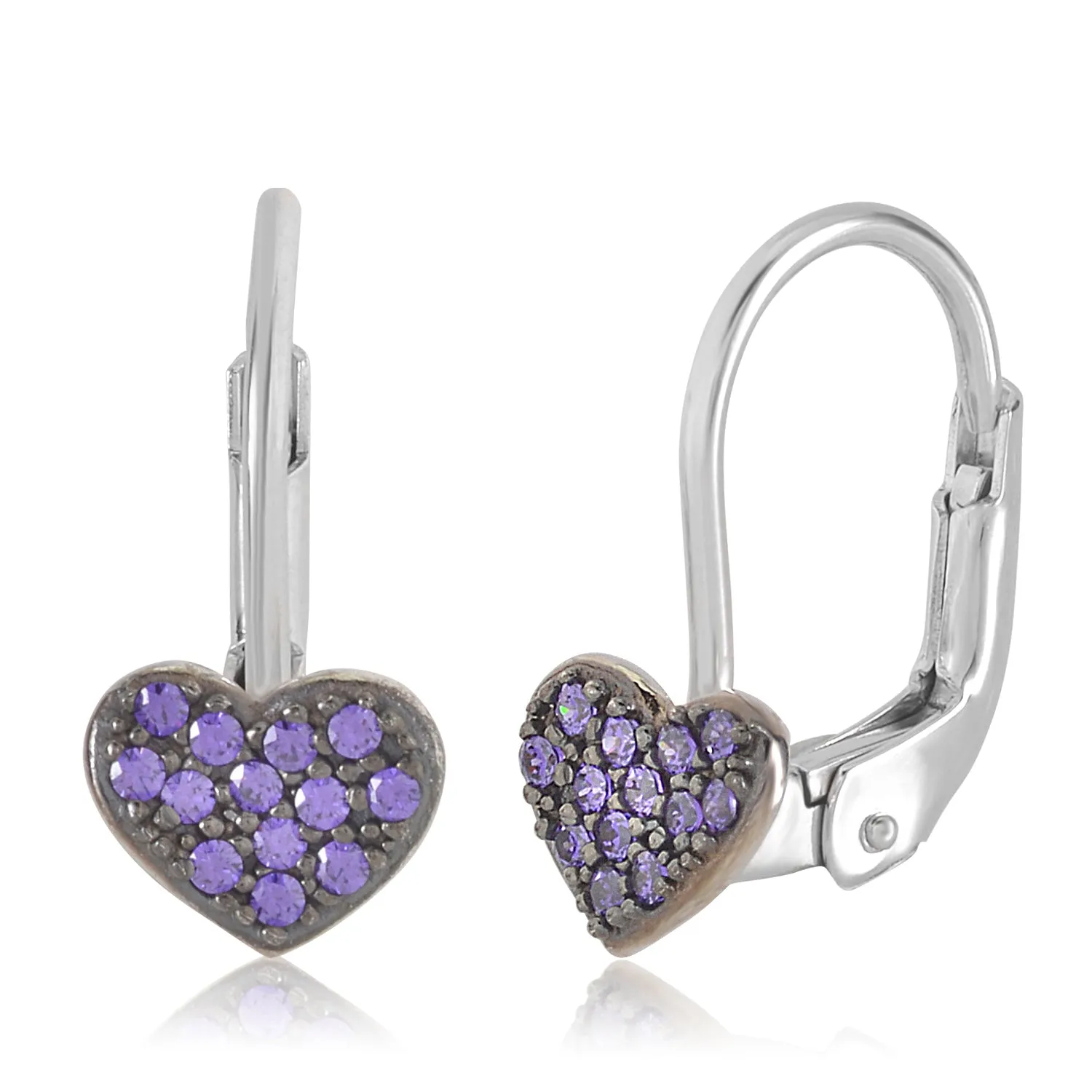 14K White Gold with Pink and Purple Pavé CZ Heart Leverback Earrings with Black Rhodium Finish