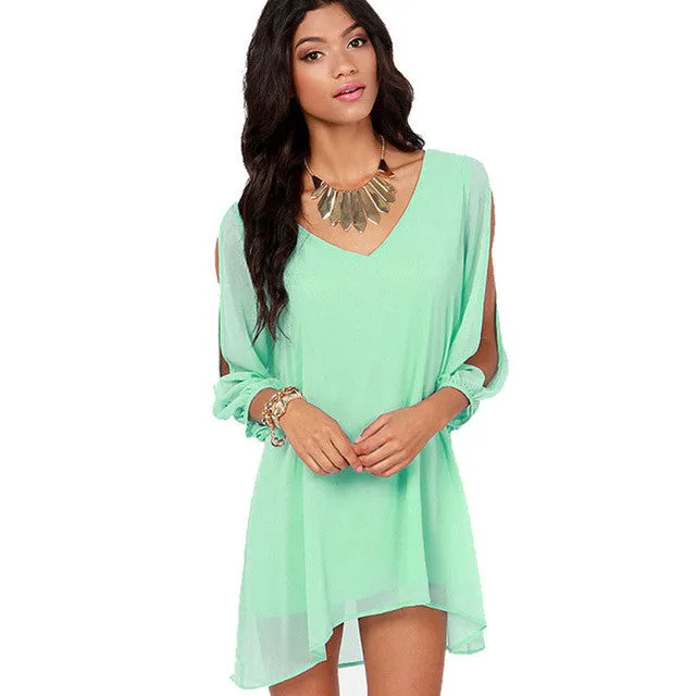 2016 Summer New Women Green V-Neck Long Sleeve Chiffon Dress Casual Fashion Loose Above Knee Mini Dress Plus Size Free Shipping 