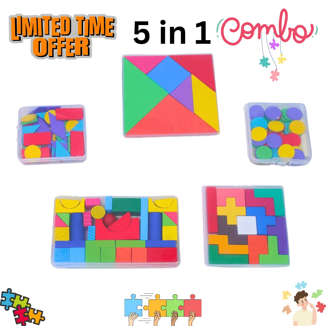 5 in 1 Best combo of Tangram, thirteen troublesome, small shapes 2, shapes medium Puzzles(Random colour will be send)