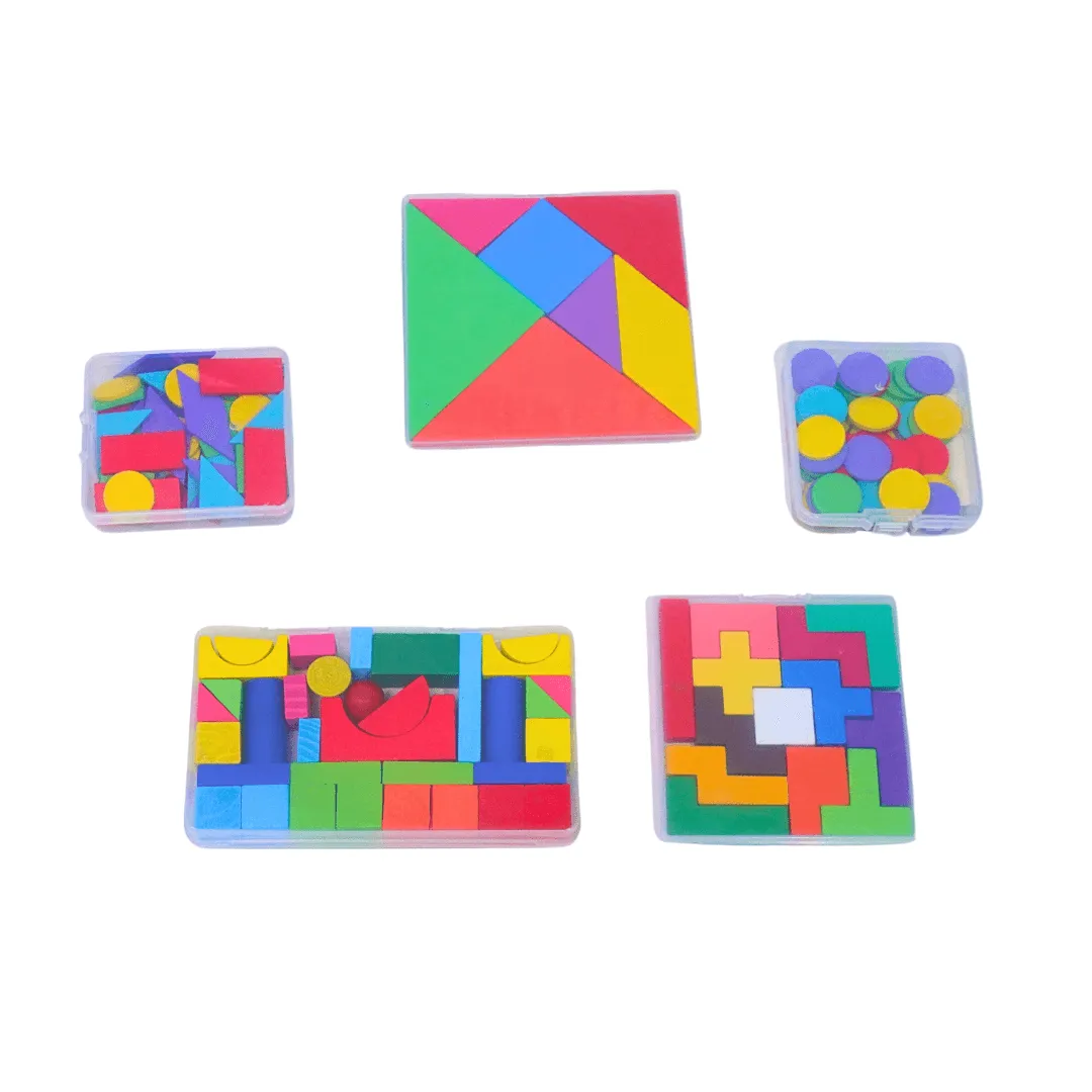 5 in 1 Best combo of Tangram, thirteen troublesome, small shapes 2, shapes medium Puzzles(Random colour will be send)