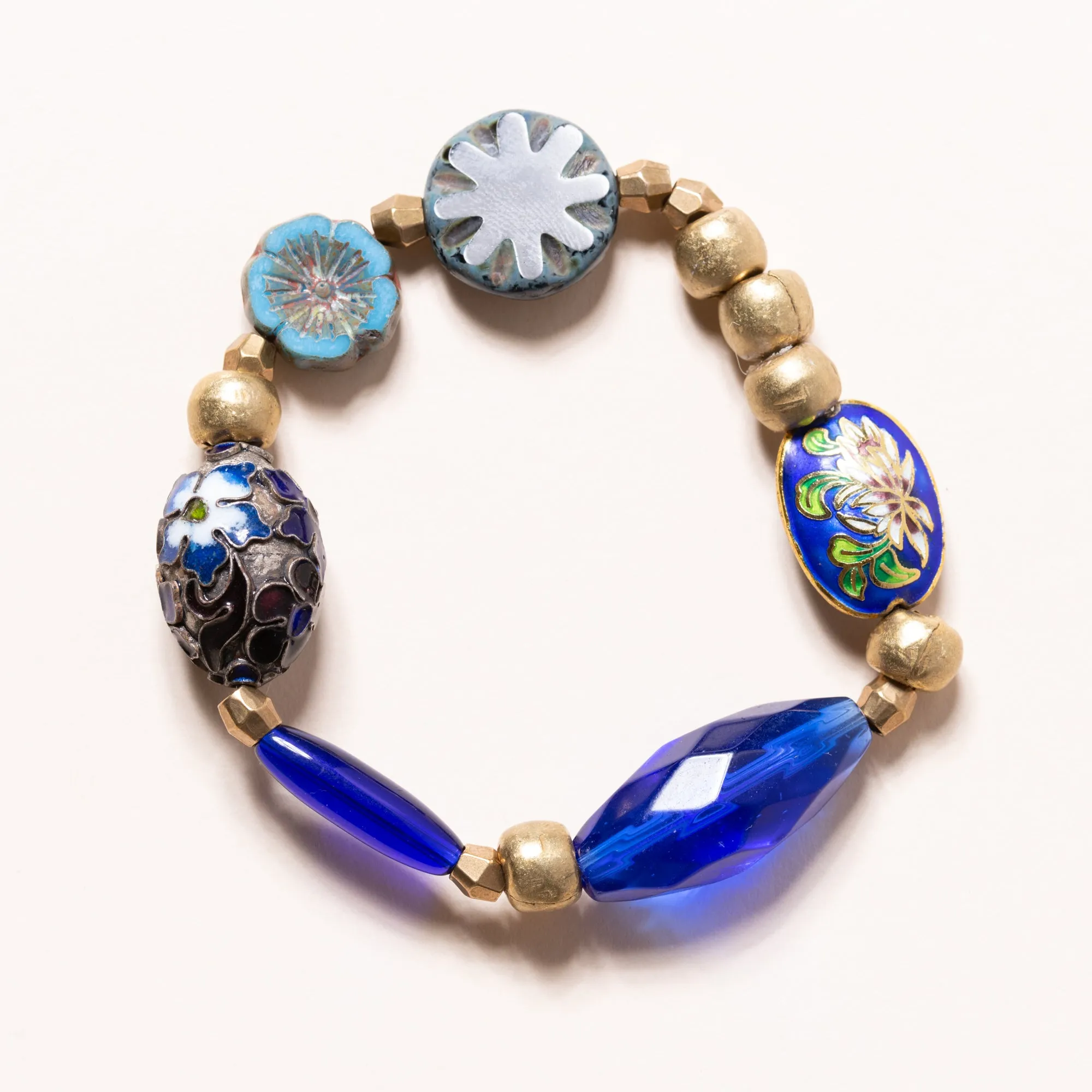 African and Tibetan Brass, Czech Glass and Italian Enamel Bloom Bracelet