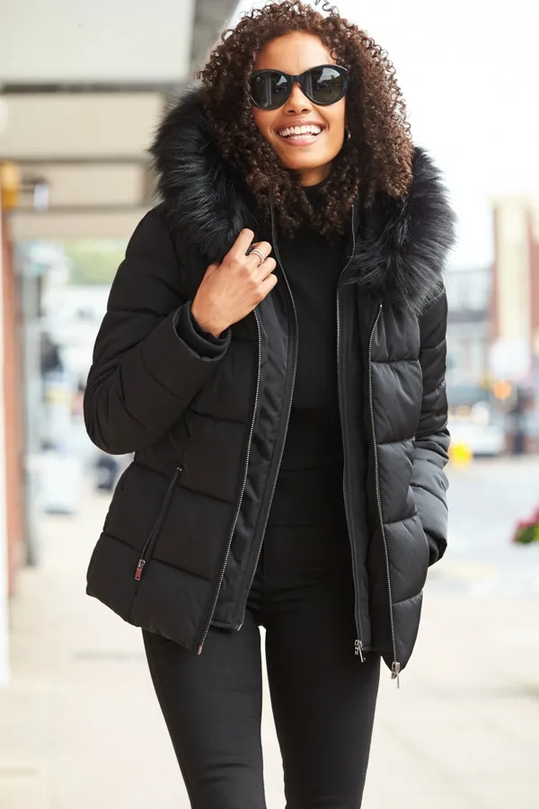 Black Faux Fur Trim Luxe Padded Coat