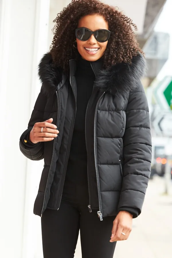 Black Faux Fur Trim Luxe Padded Coat