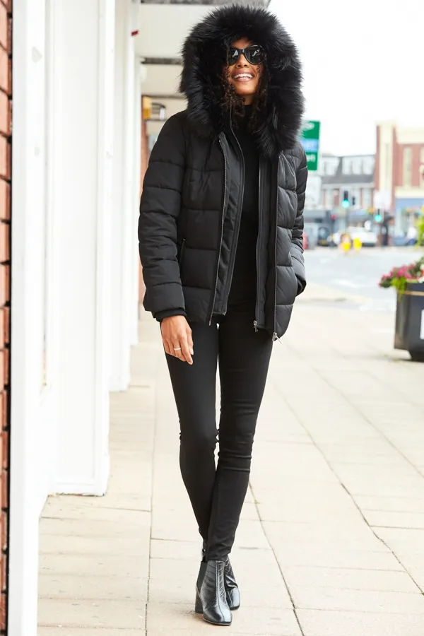 Black Faux Fur Trim Luxe Padded Coat