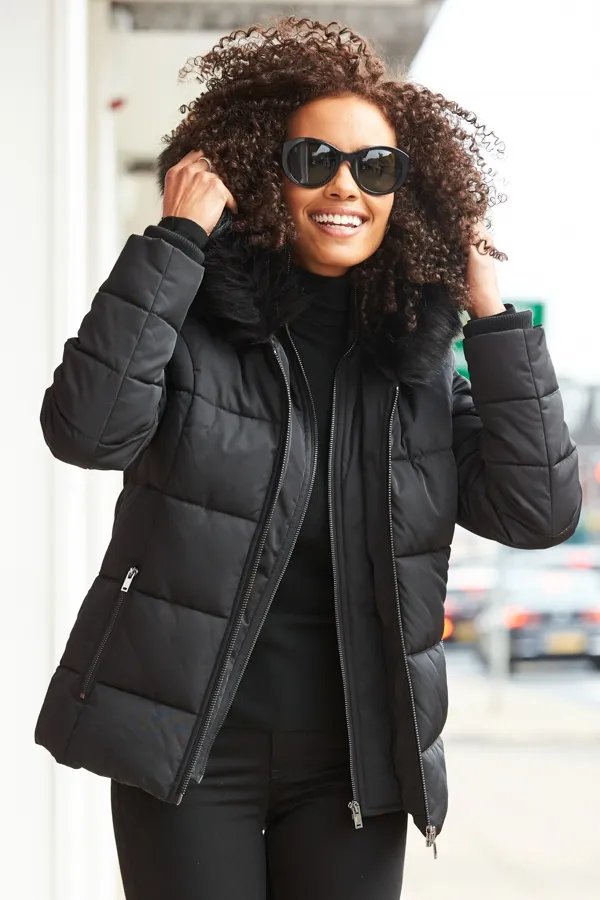 Black Faux Fur Trim Luxe Padded Coat