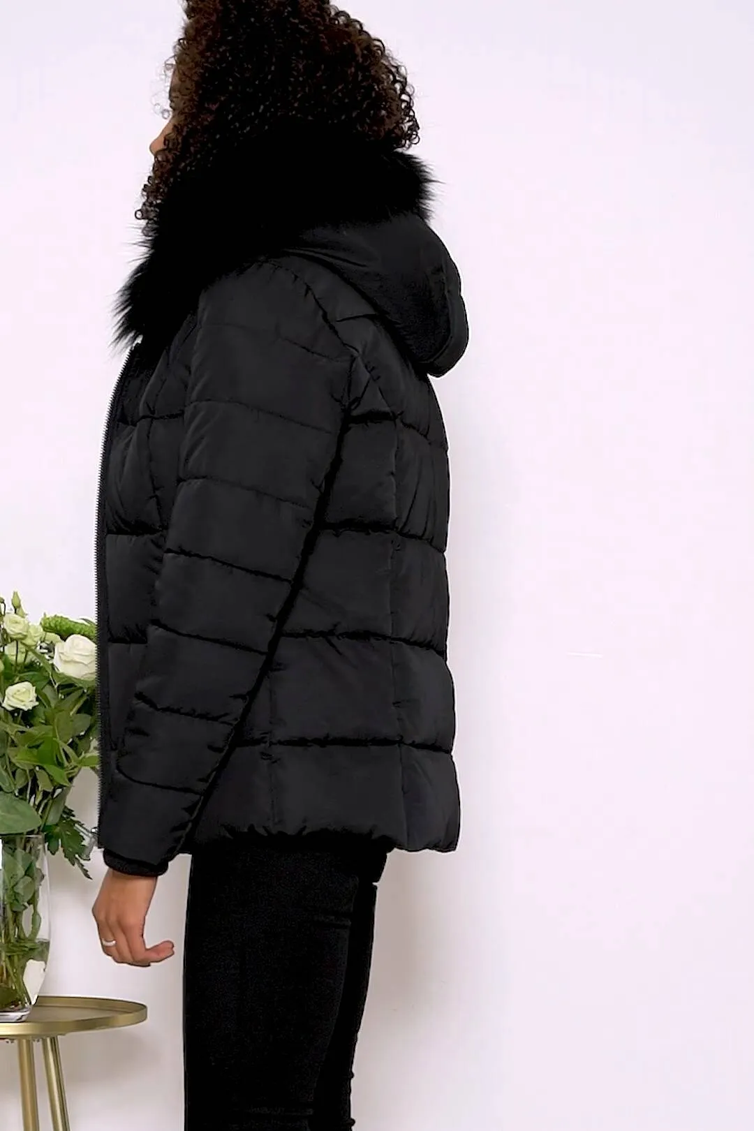 Black Faux Fur Trim Luxe Padded Coat