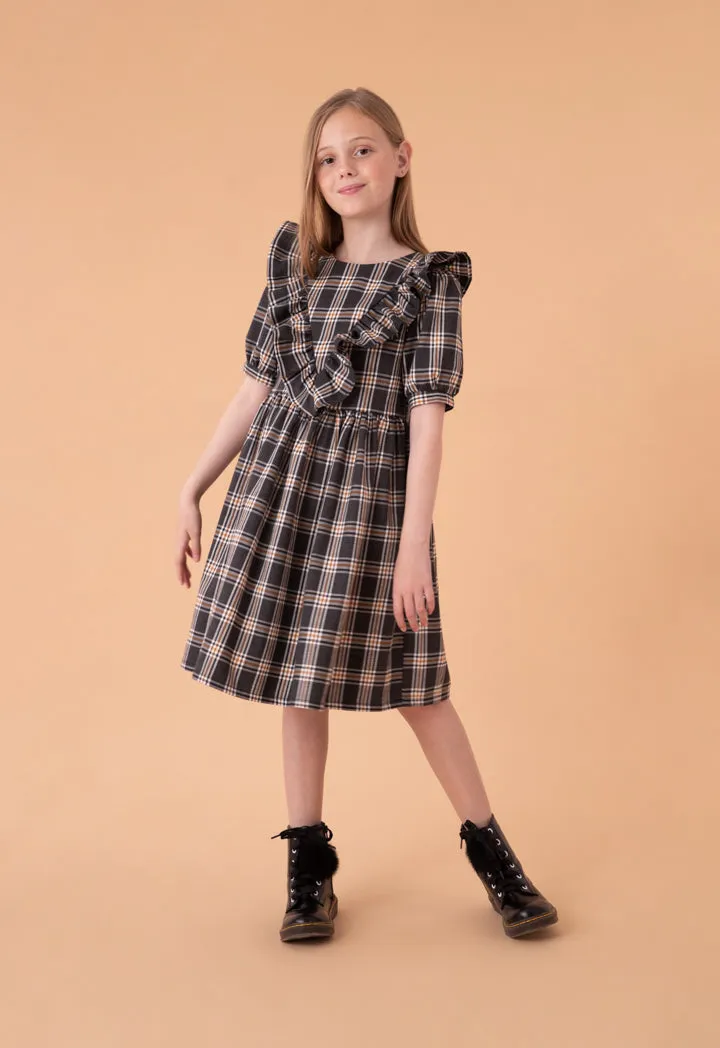 Check Ruffled Yoke Puff Dress