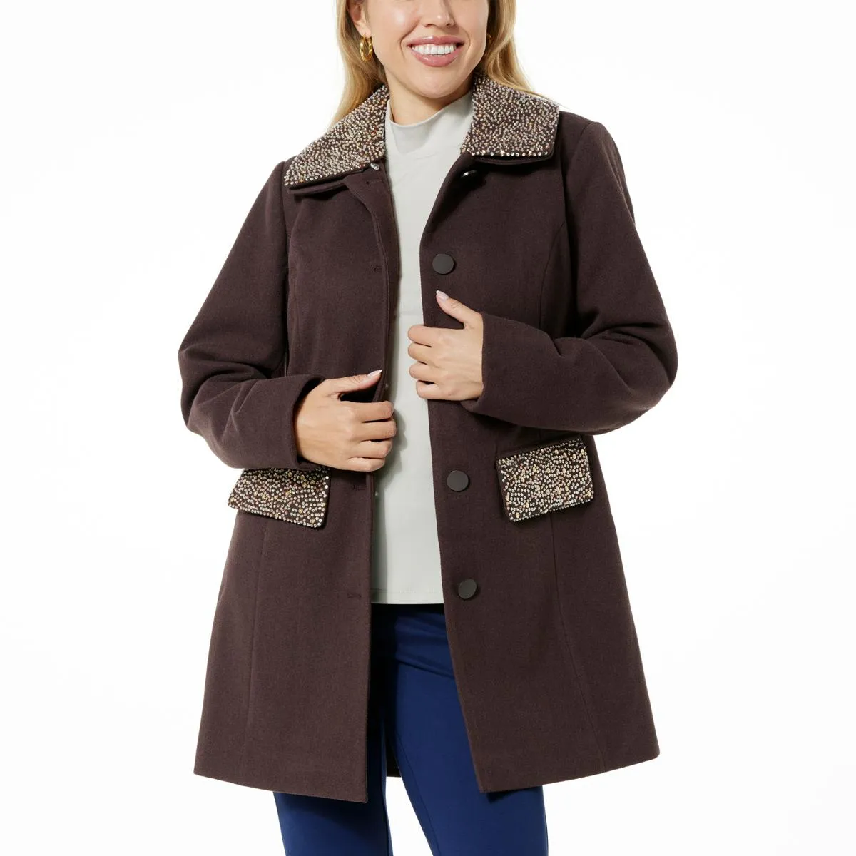      Colleen Lopez Faux Wool Coat with Bead Detail      