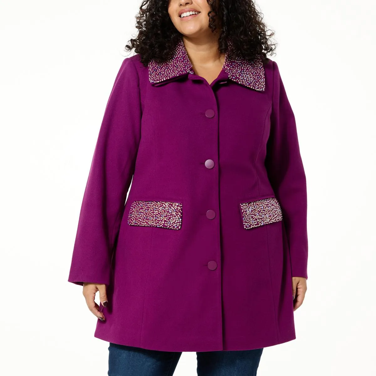      Colleen Lopez Faux Wool Coat with Bead Detail      