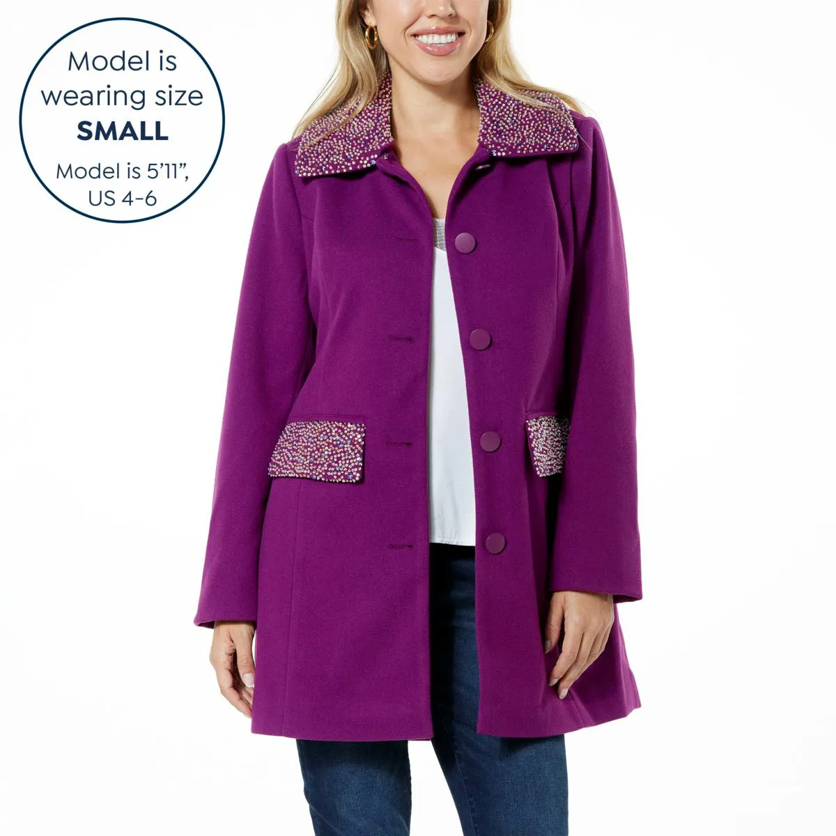      Colleen Lopez Faux Wool Coat with Bead Detail      