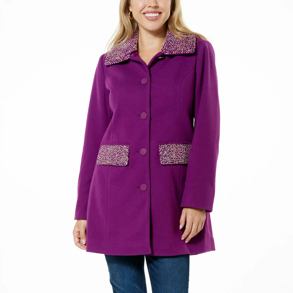      Colleen Lopez Faux Wool Coat with Bead Detail      