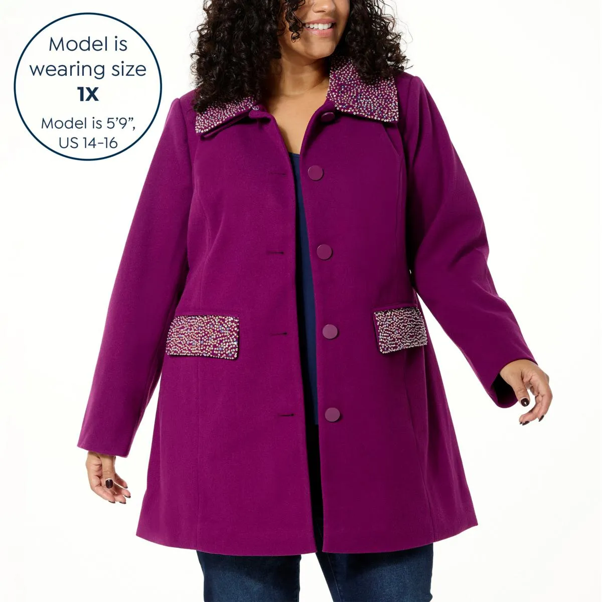      Colleen Lopez Faux Wool Coat with Bead Detail      