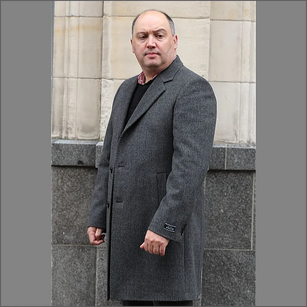 Douglas Karison Charcoal Grey Herringbone Coat<>