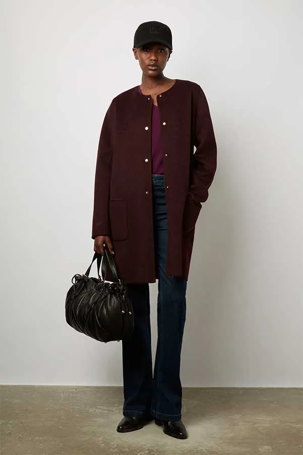 Gerard Darel SABRINA BURGUNDY ROUND NECK REVERSIBLE FINE WOOL COAT