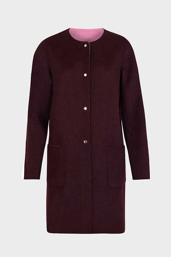 Gerard Darel SABRINA BURGUNDY ROUND NECK REVERSIBLE FINE WOOL COAT