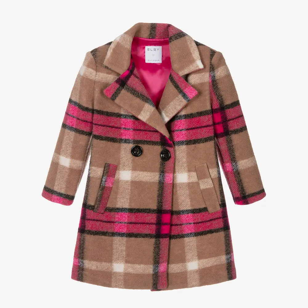 Girls Pink & Beige Check Wool Coat