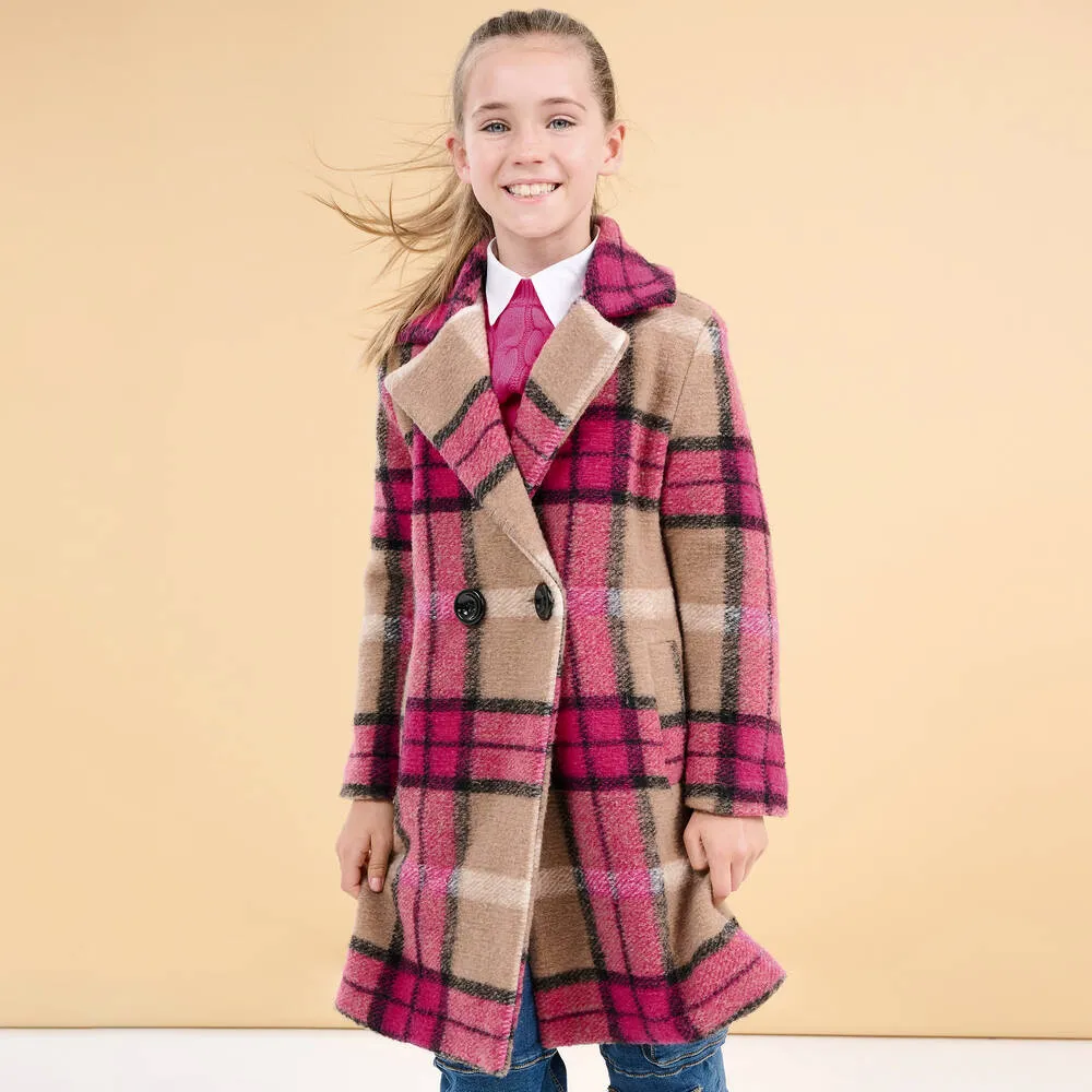 Girls Pink & Beige Check Wool Coat