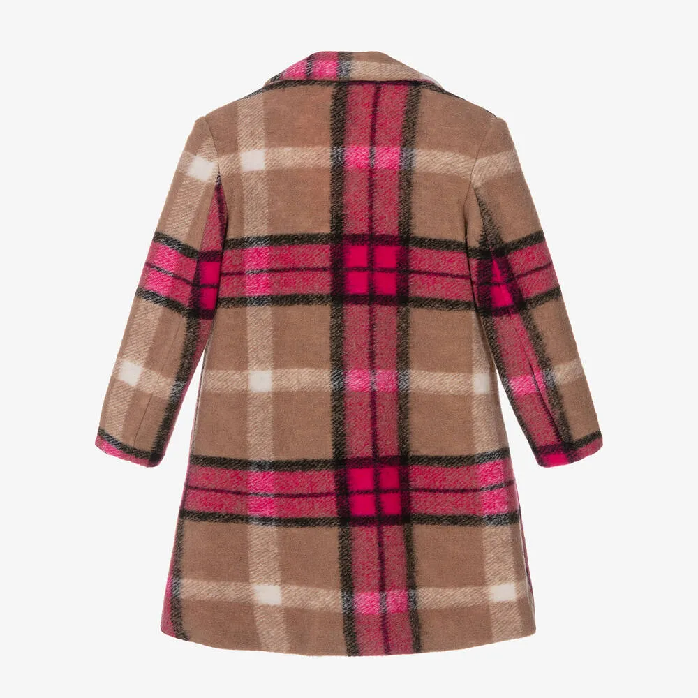 Girls Pink & Beige Check Wool Coat