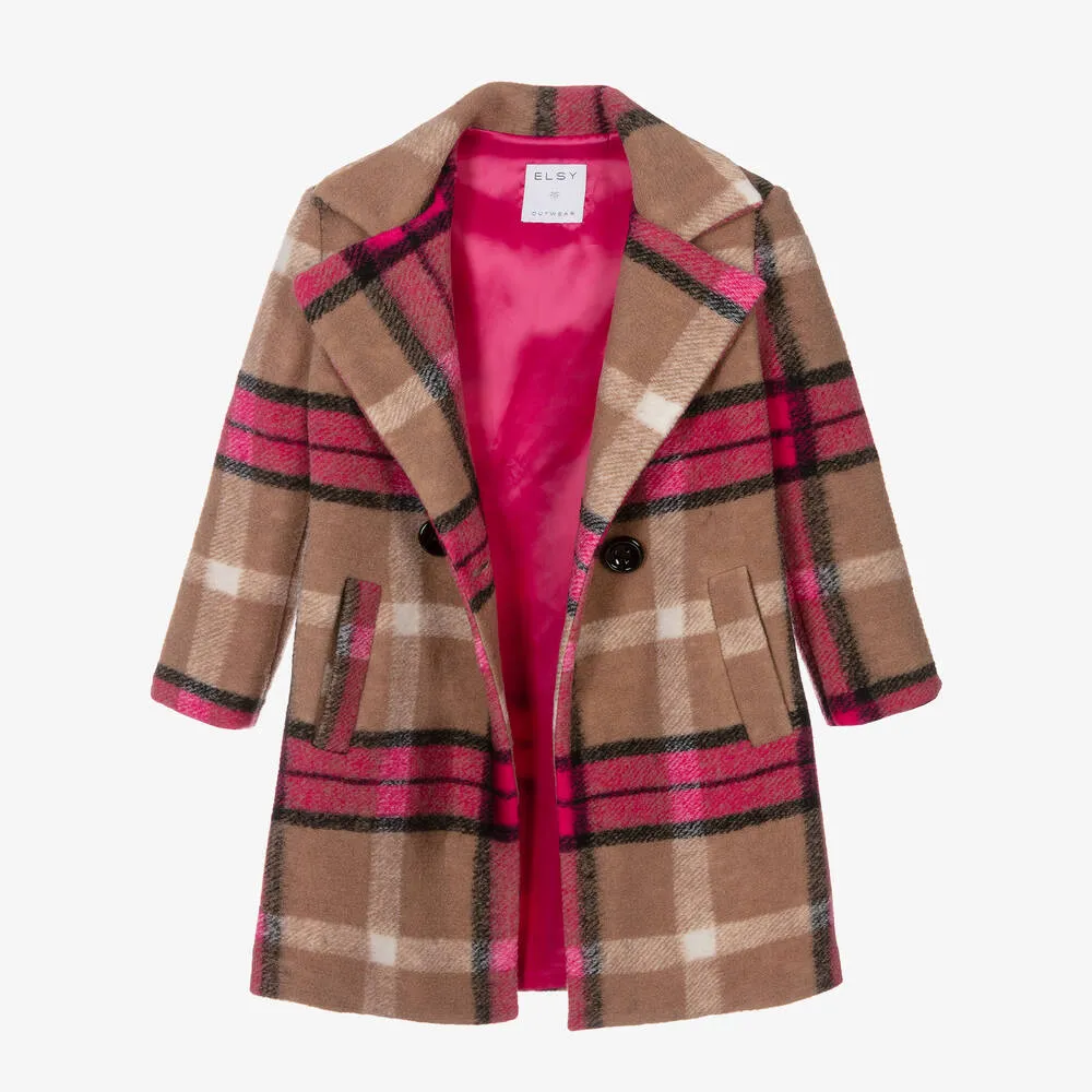 Girls Pink & Beige Check Wool Coat