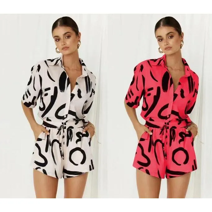 Graphic Print Button Front Shirt & Shorts Set