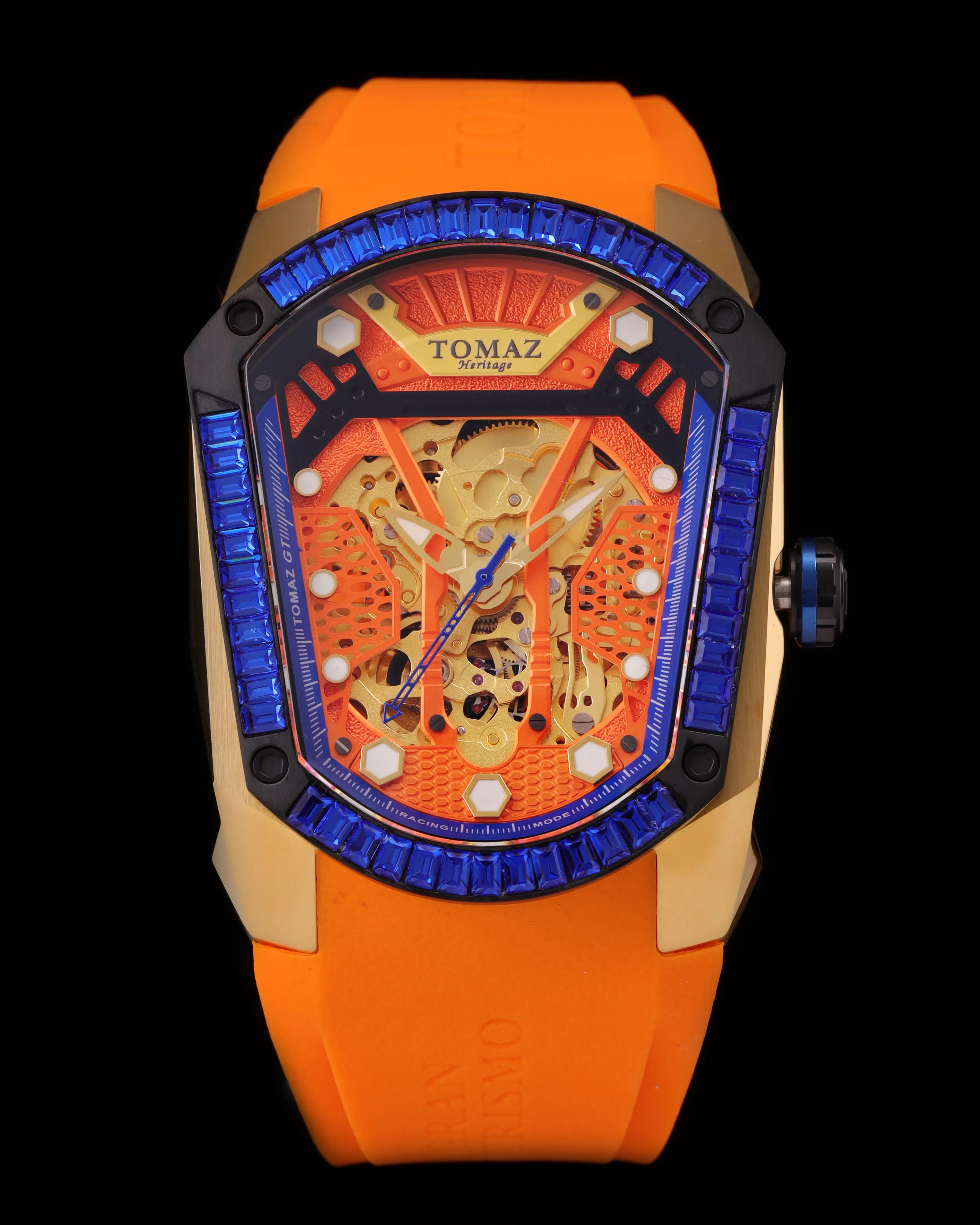 GT Skeleton TW028-D16 (Rosegold/Orange) with Blue Swarovski (Orange Rubber Strap)