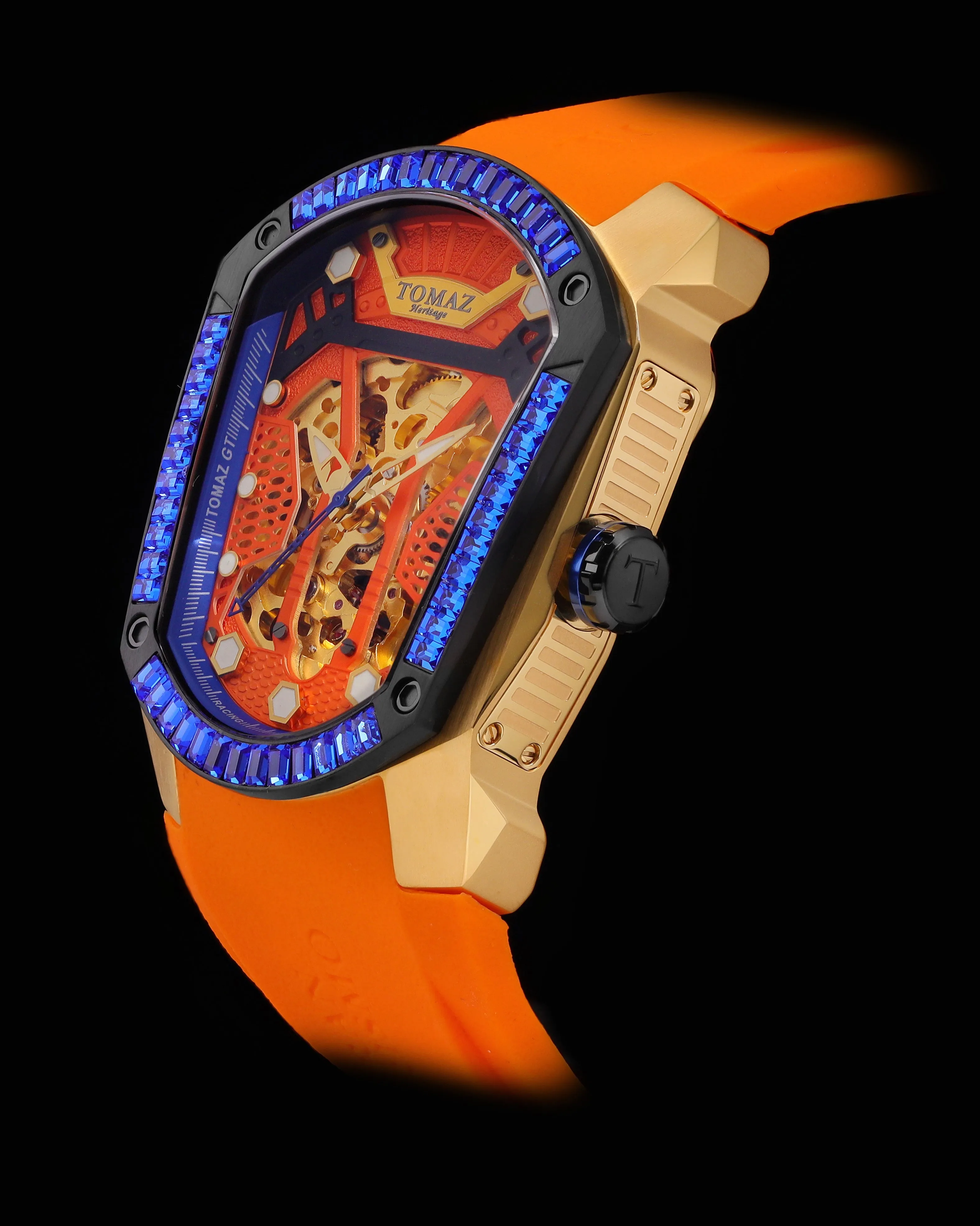 GT Skeleton TW028-D16 (Rosegold/Orange) with Blue Swarovski (Orange Rubber Strap)