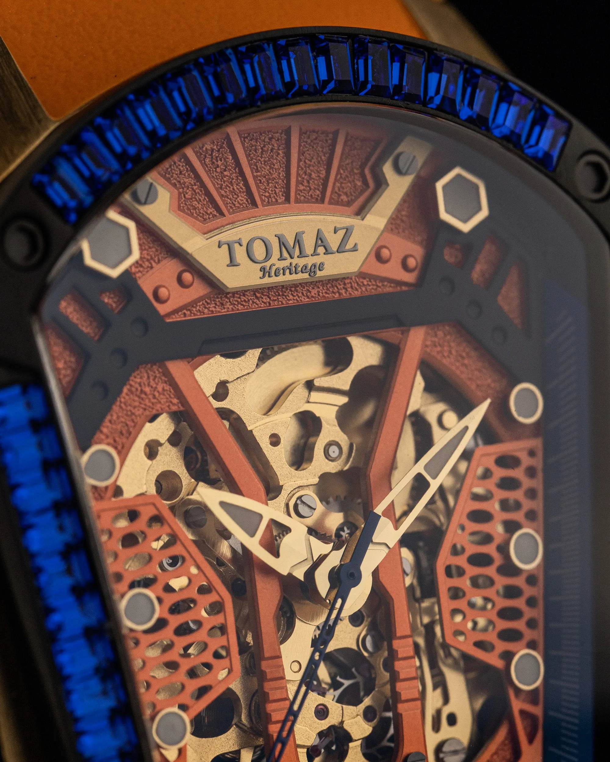 GT Skeleton TW028-D16 (Rosegold/Orange) with Blue Swarovski (Orange Rubber Strap)