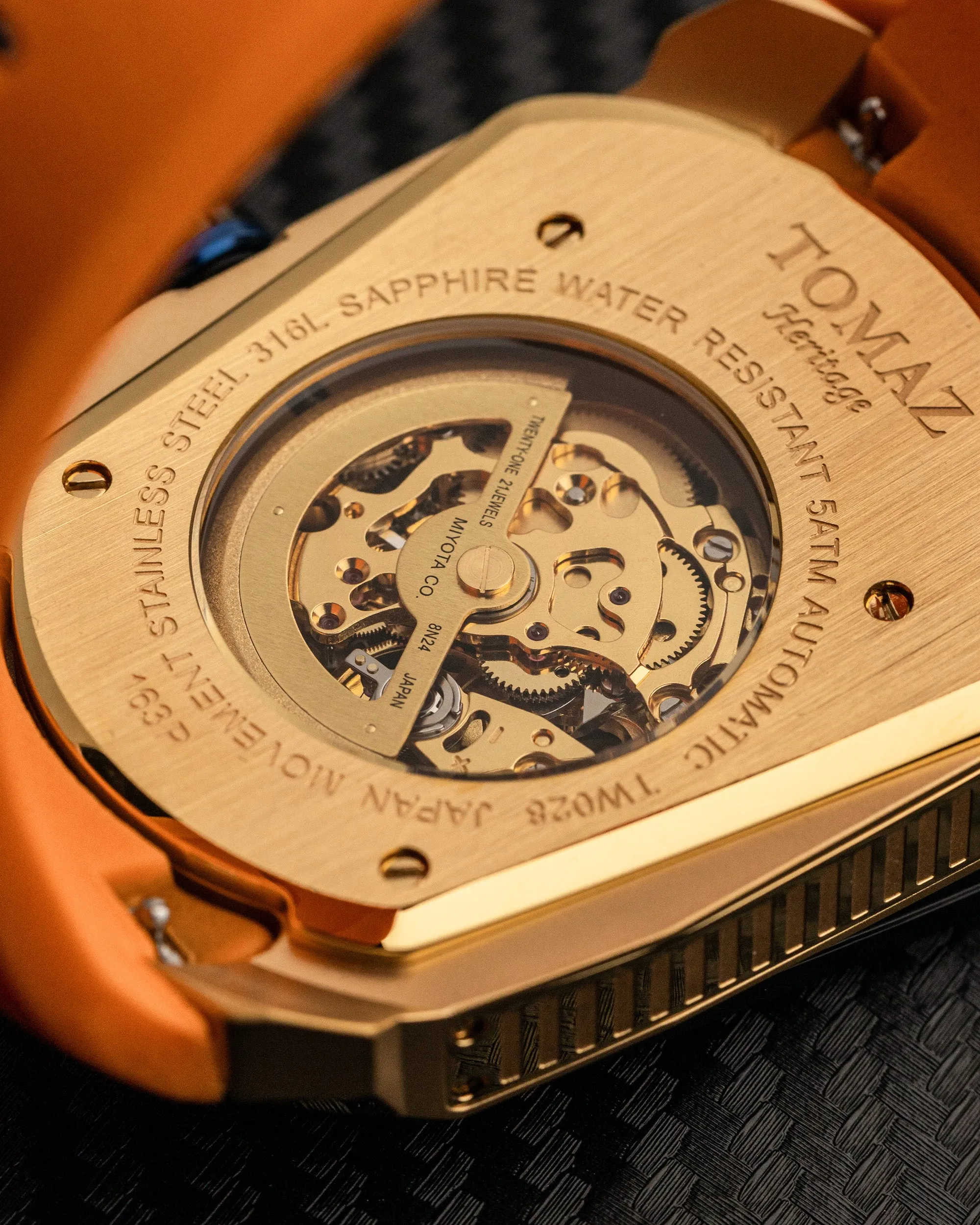 GT Skeleton TW028-D16 (Rosegold/Orange) with Blue Swarovski (Orange Rubber Strap)