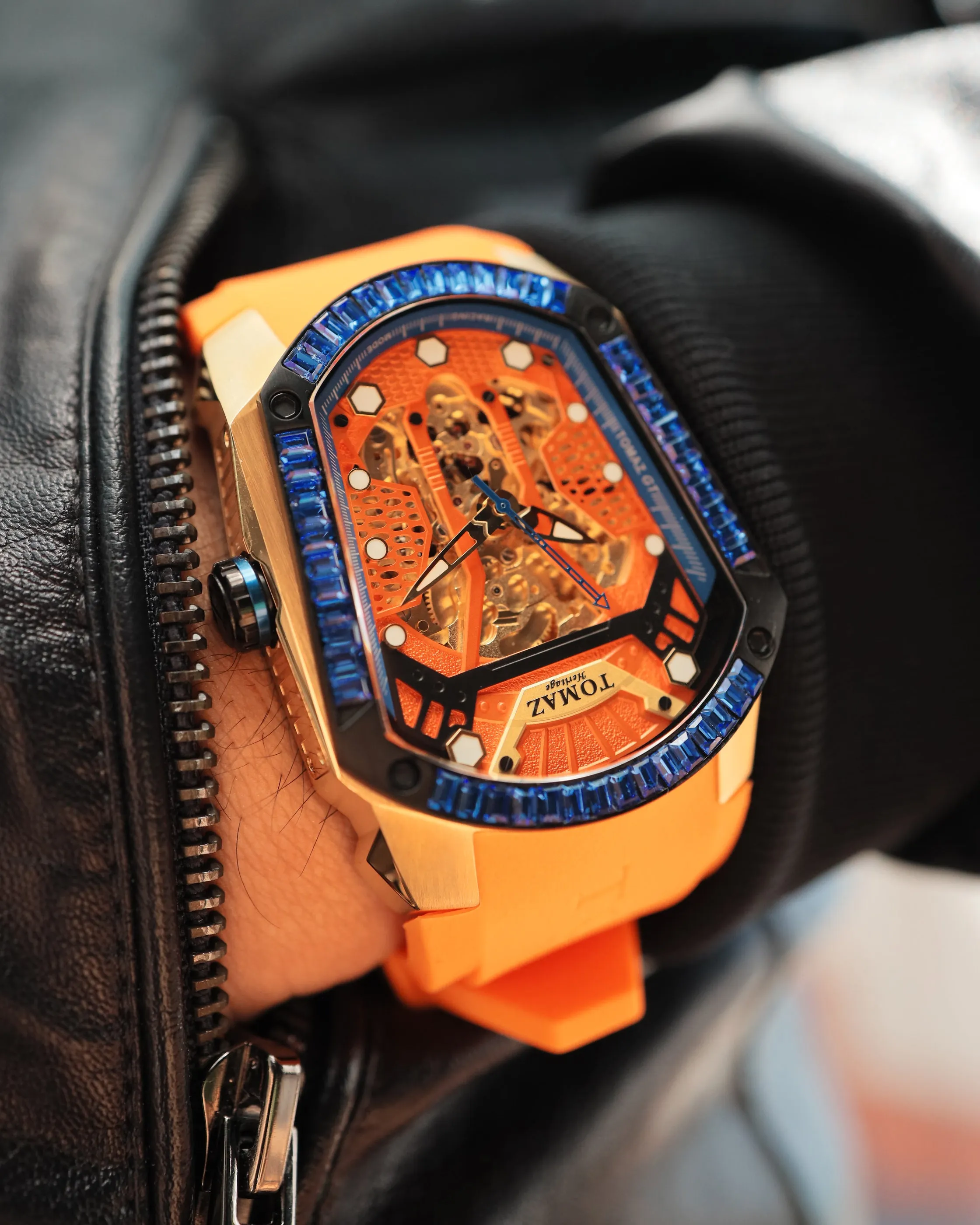 GT Skeleton TW028-D16 (Rosegold/Orange) with Blue Swarovski (Orange Rubber Strap)