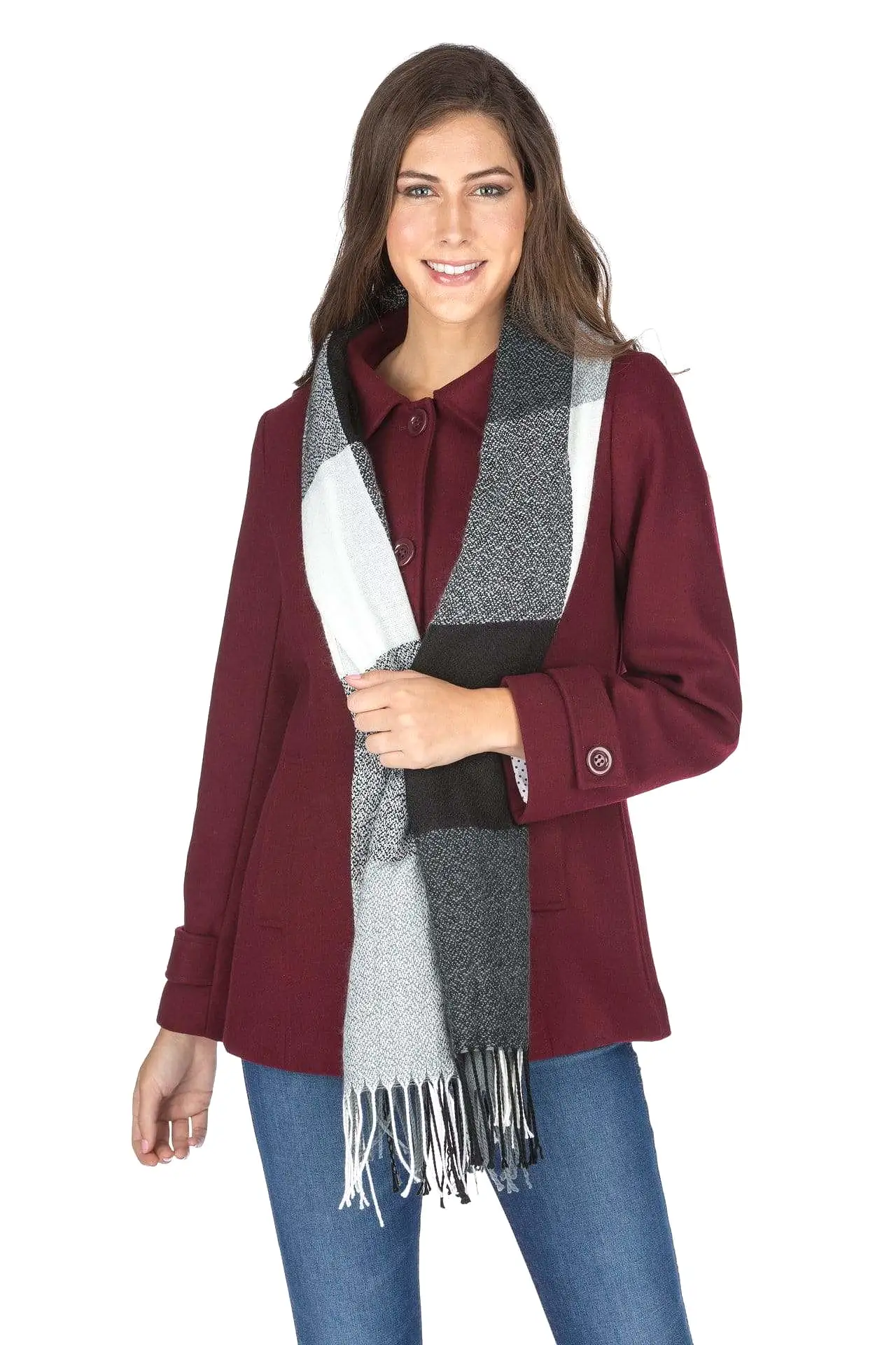 Haute Edition Women's Short Length Wool Blend Car Coat with Free Scarf