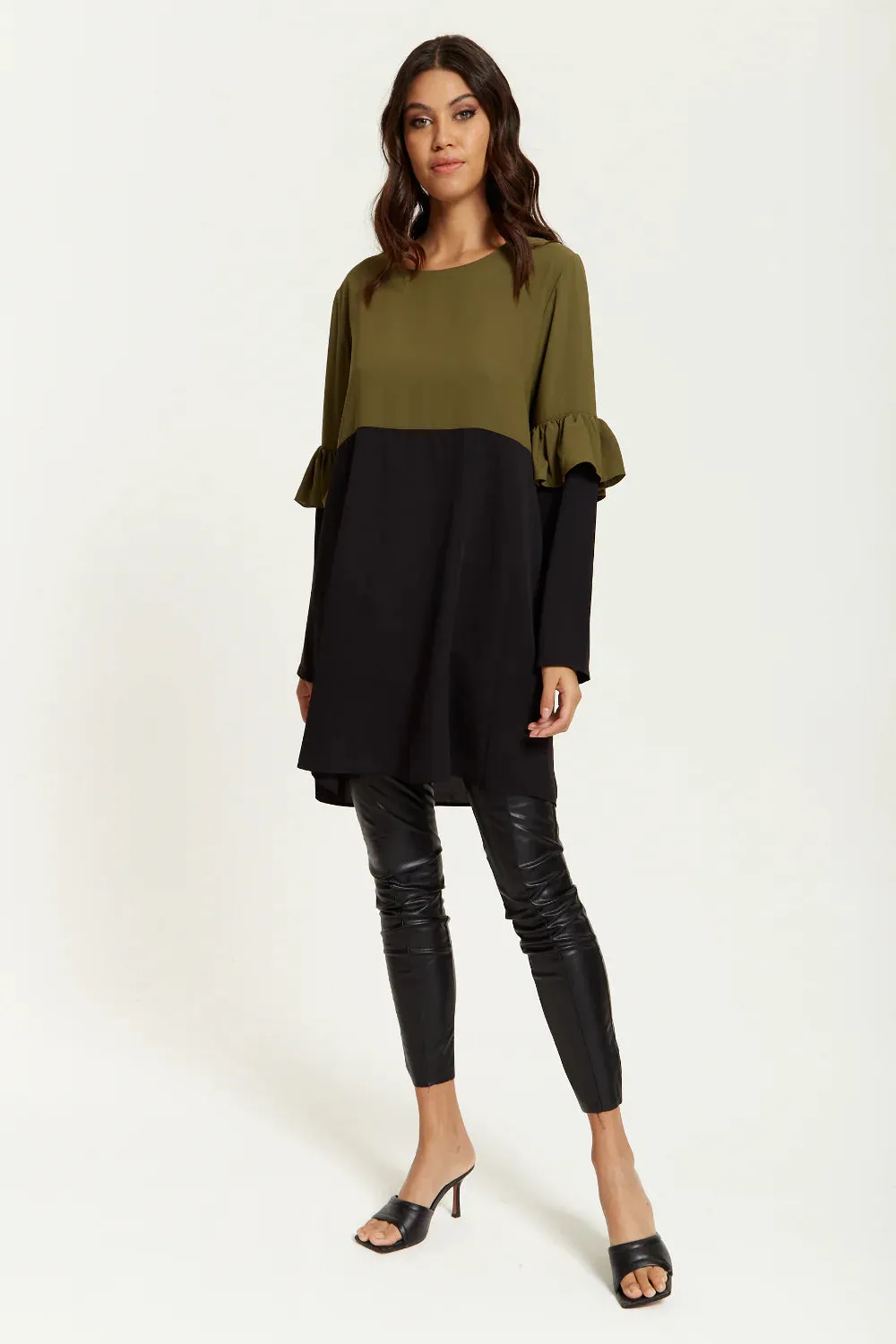 Hoxton Gal Colour Block Satin Tunic With Frill Detail Sleeve