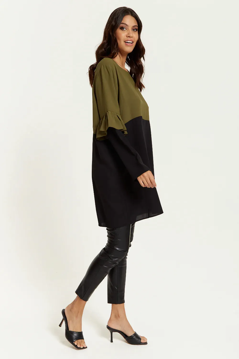 Hoxton Gal Colour Block Satin Tunic With Frill Detail Sleeve