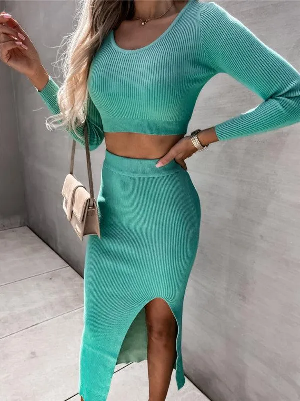 Knitted Two Piece Outfit Set With Slit