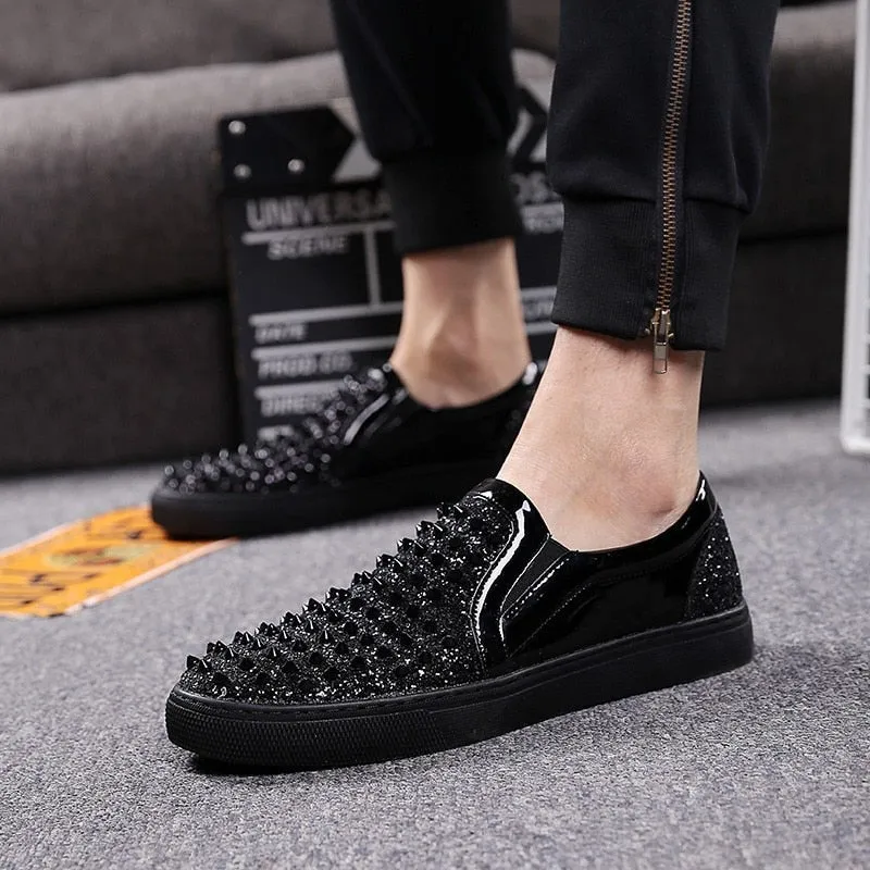 Luxury Men's White Diamond Rhinestone Nail Rivets Casual Flat Shoes Sizes 38-44 b73