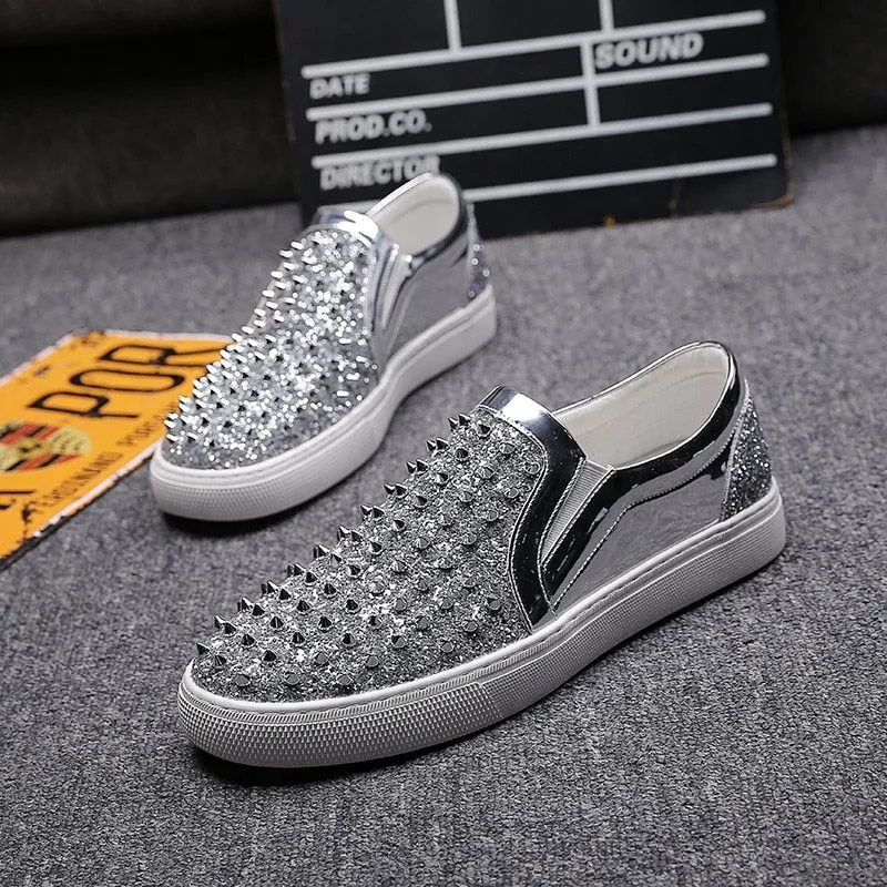 Luxury Men's White Diamond Rhinestone Nail Rivets Casual Flat Shoes Sizes 38-44 b73