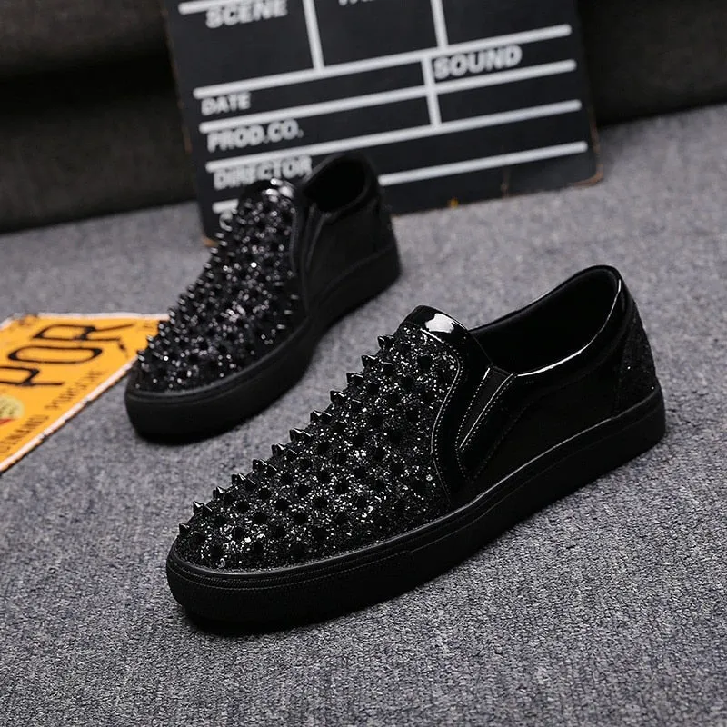 Luxury Men's White Diamond Rhinestone Nail Rivets Casual Flat Shoes Sizes 38-44 b73