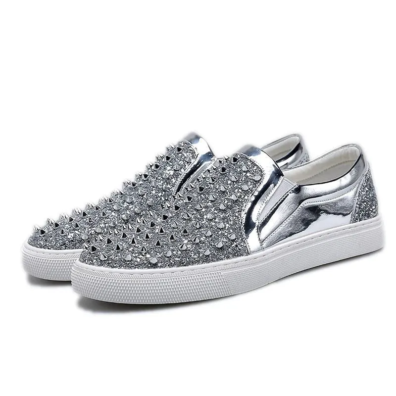 Luxury Men's White Diamond Rhinestone Nail Rivets Casual Flat Shoes Sizes 38-44 b73