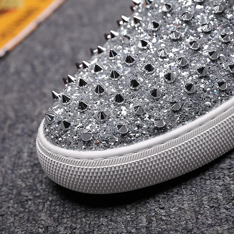 Luxury Men's White Diamond Rhinestone Nail Rivets Casual Flat Shoes Sizes 38-44 b73