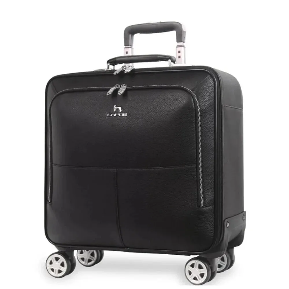 Men's Genuine Cow Leather Hand Luggage Travel Suitcase Bag with Wheels