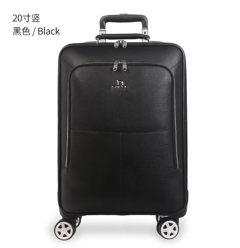 Men's Genuine Cow Leather Hand Luggage Travel Suitcase Bag with Wheels