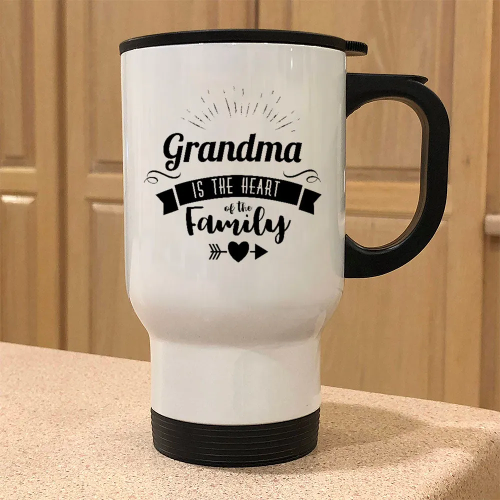 Personalized Metal Coffee and Tea Travel Mug Grandma Is The Heart Of The Family