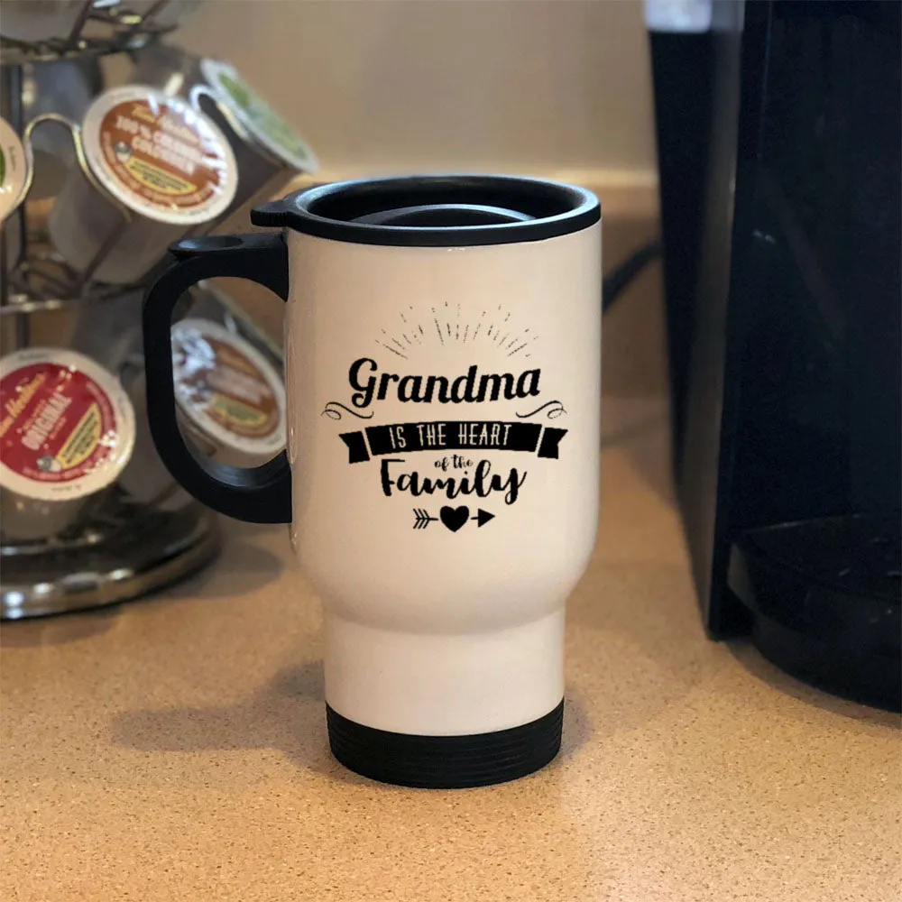 Personalized Metal Coffee and Tea Travel Mug Grandma Is The Heart Of The Family