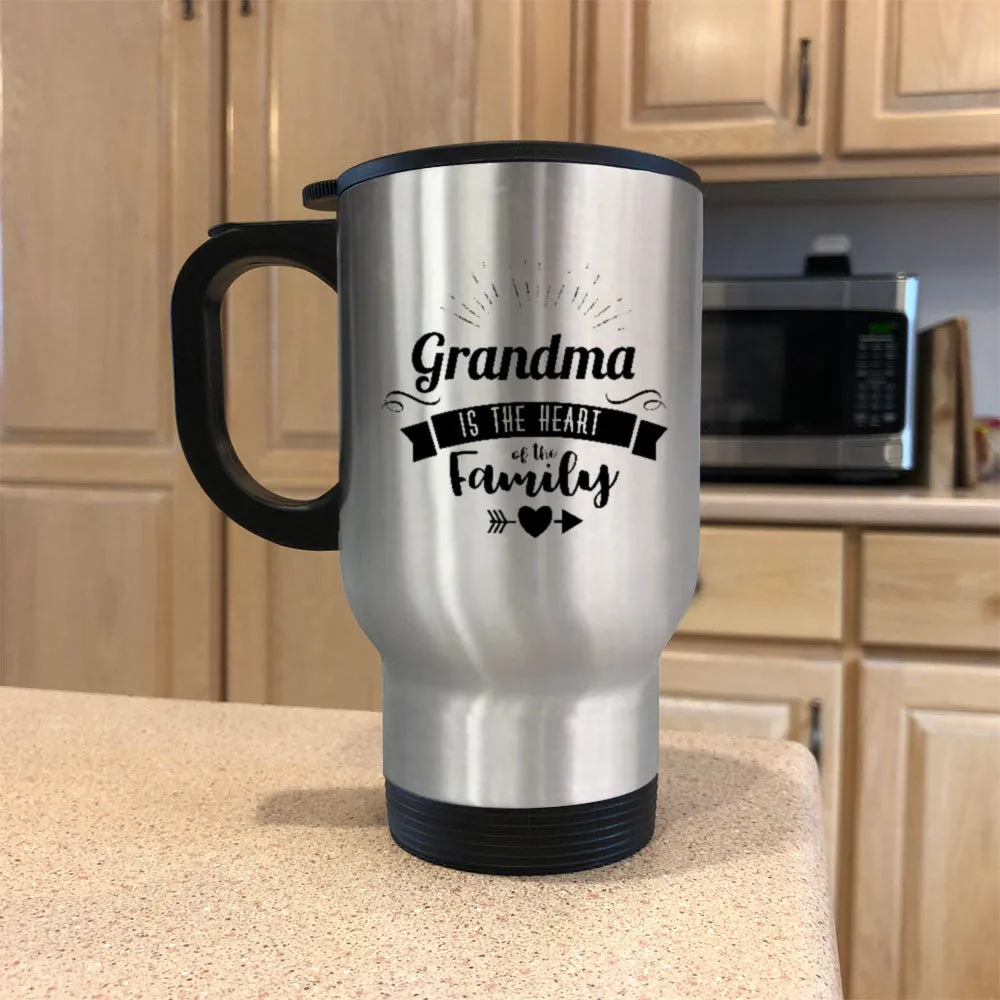 Personalized Metal Coffee and Tea Travel Mug Grandma Is The Heart Of The Family