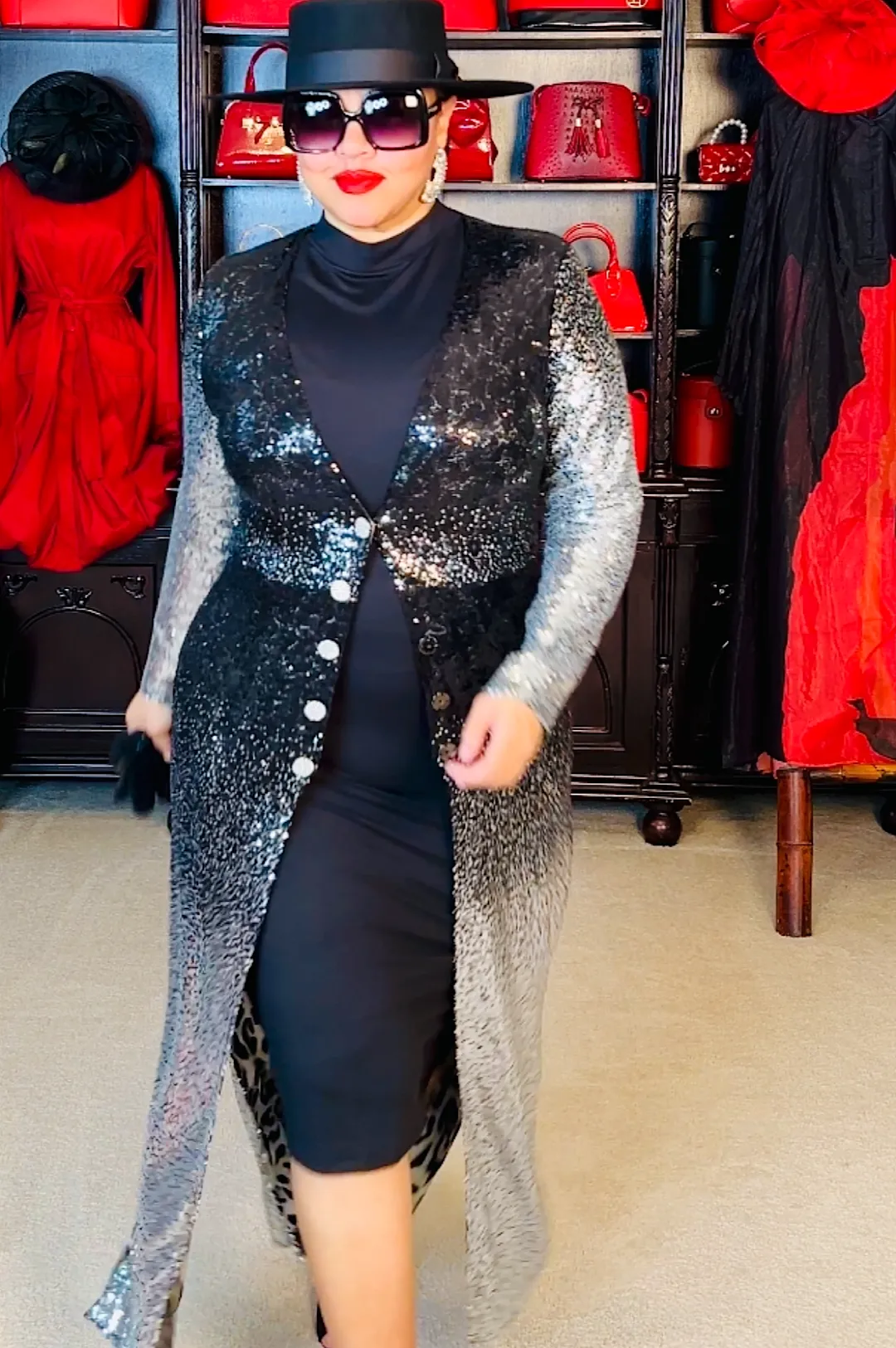 Silver Black Sequin Duster Coat