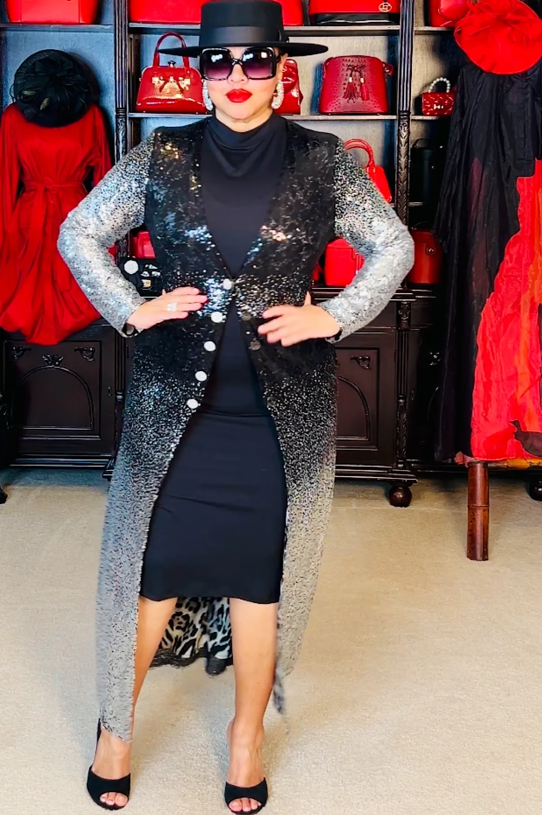 Silver Black Sequin Duster Coat